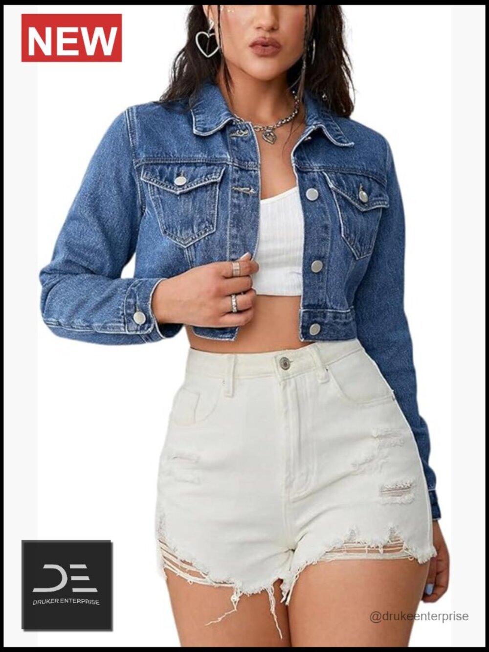 Cropped Denim Jacket Button Front Long Sleeve Classic